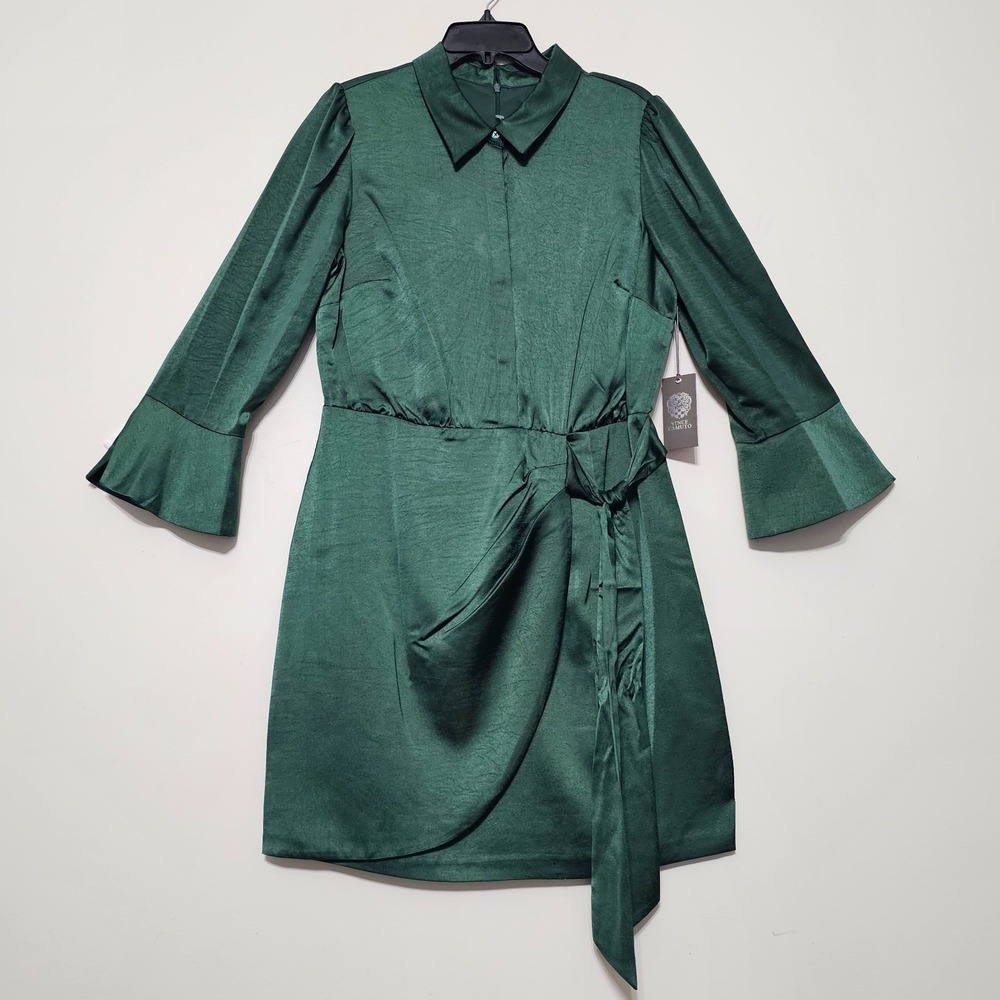 Vince Camuto Dress 12 Green Faux Wrap Long Sleeve Front Button Collar 1020